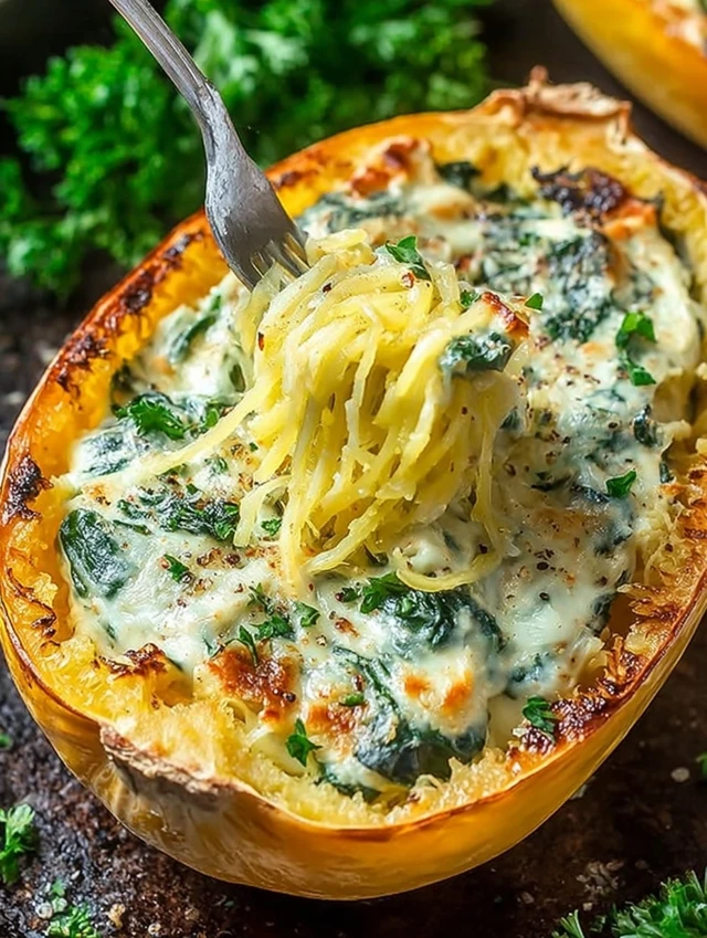 Spinach Stuffed Spaghetti Squash With Parmesan Cream Sauce