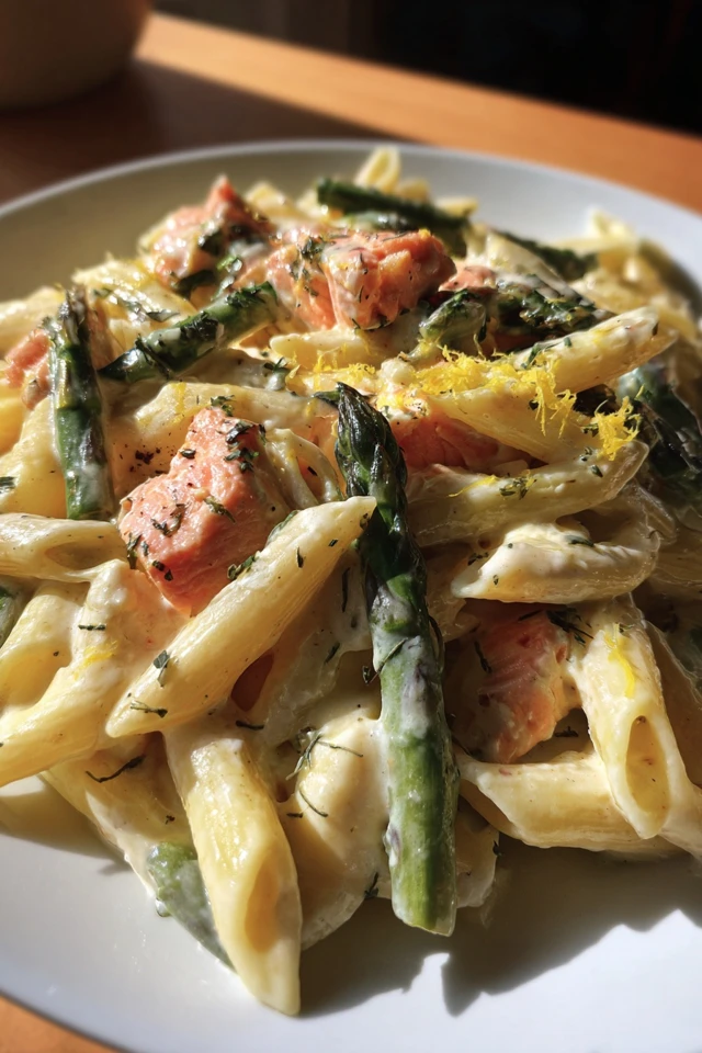 Mozzarella Salmon Penne with Asparagus and Lemon Cream