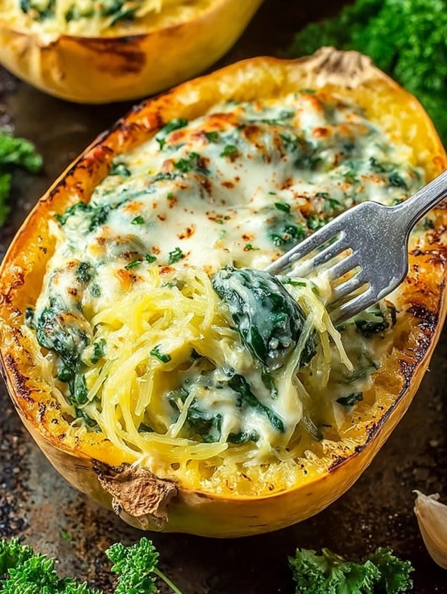 Spinach Stuffed Spaghetti Squash With Parmesan Cream Sauce
