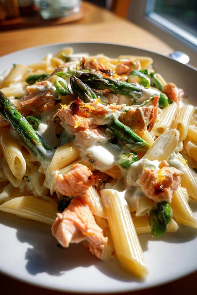 Mozzarella Salmon Penne with Asparagus and Lemon Cream