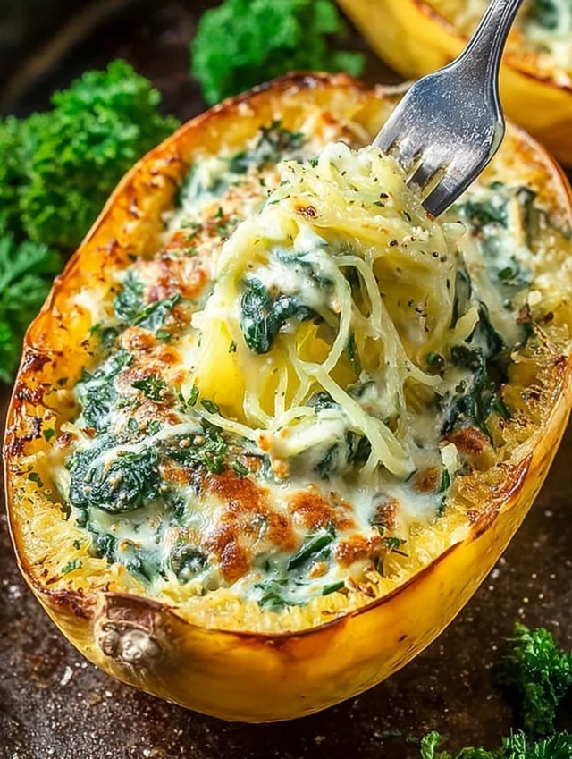 Spinach Stuffed Spaghetti Squash With Parmesan Cream Sauce