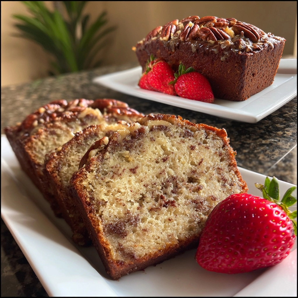 Banana Chocolate Pecan Cake with Strawberry Garnish Delights! Banana Chocolate Pecan Cake with Strawberry Garnish